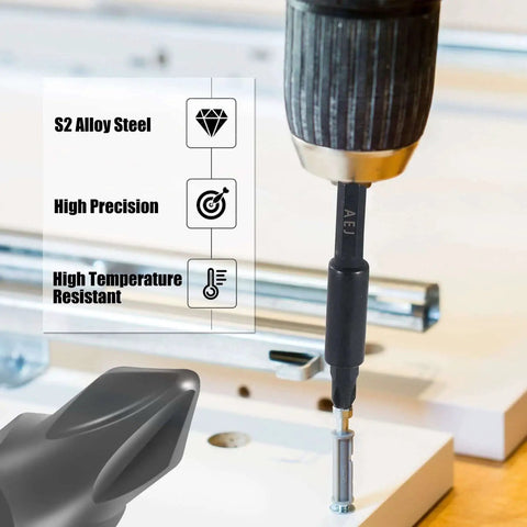 Close-up of 49 Pack Screwdriver Bit Set With One Quarter Inch Bit Holder And One Quarter Inch Hex Shank S2 Steel Includes Hex Torx Square Slotted Phillips Bits One Inch Long For Industrial Use And Home Projects being used in drill.
