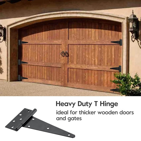 10 Inch T Strap Heavy Duty Shed Door Hinges Black With Screws Durable Iron Gate Hinges Installed on Wooden Garage Door