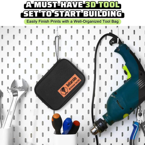 All In One 3D Printer Tools Kit 34 Pieces For FDM And SLA Printers hanging on white pegboard with wrench and drill.