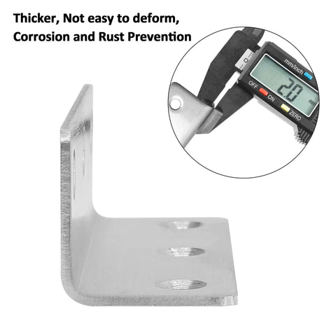 Side view of Heavy Duty L Bracket Shelf Braces 3.2 Inch with caliper measurement, polished silver stainless steel, corrosion resistant.