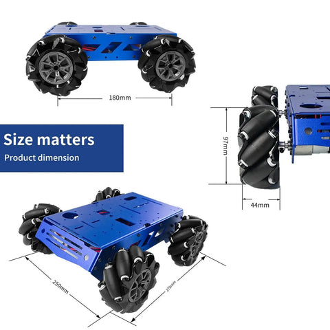 Mecanum Wheel Robot Chassis 97mm Omnidirectional Full Metal Robotic Platform with size measurements in blue aluminum frame