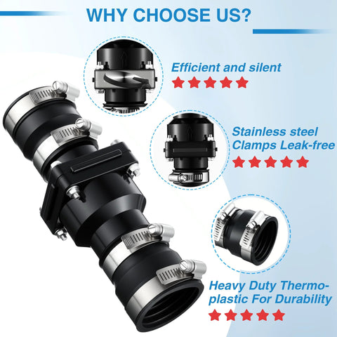 Sump pump check valve for 1-1/2" or 1-1/4" pipe, black thermoplastic body with 4 stainless hose clamps and PVC flapper
