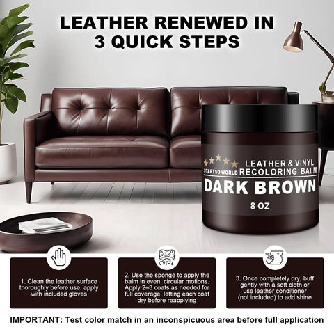 Dark Brown Leather Recoloring Balm For Furniture Repair And Restoration Startso World Leather Dye And Color Restorer For Couches, 8 oz jar on coffee table in living room.