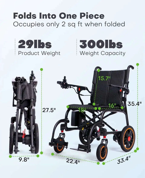 Ultralight Carbon Fiber Electric Wheelchair For Adults And Seniors Foldable Travel Mobility Aid Airline Approved All Terrain Motorized Chair With Twelve Point Four Mile Range, shown folded and open with dimensions and weights.
