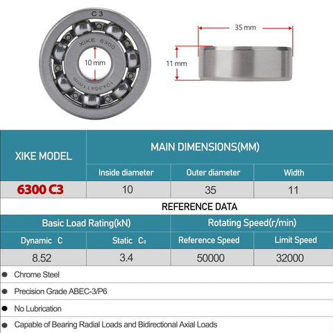 XiKe 6300-C3 deep groove ball bearing, ID 10mm, OD 35mm, width 11mm, open style, C3 clearance