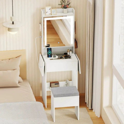 Girls 20 Inch Vanity Desk With Lighted Mirror And Charging Station, space-saving makeup table in white with stool, in bedroom setting