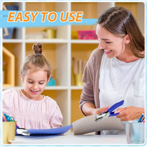 Two Pack Handheld Paper Punch Kit in use for kid-friendly DIY projects, featuring blue ergonomic grip, heart and round punches.