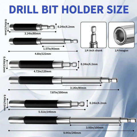 Set of 4 magnetic drill bit holders with telescoping sleeves; 1/4" shank; lengths 3.1", 4.7", 5.5" and extension bar adapter