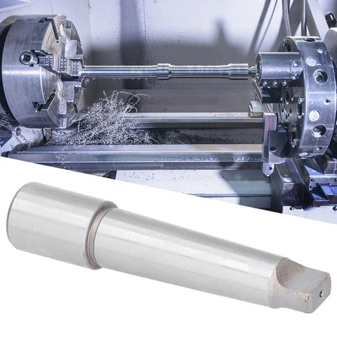 Morse taper arbor sleeve MT4‑R8, 19.05 mm, metal drill adapter shown beside a lathe/milling machine