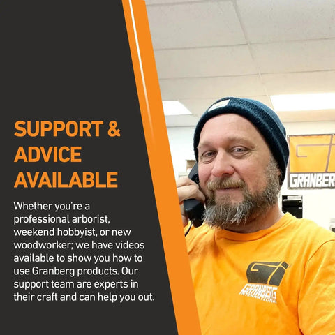 Granberg support team member providing customer service advice over the phone, wearing branded shirt and beanie.
