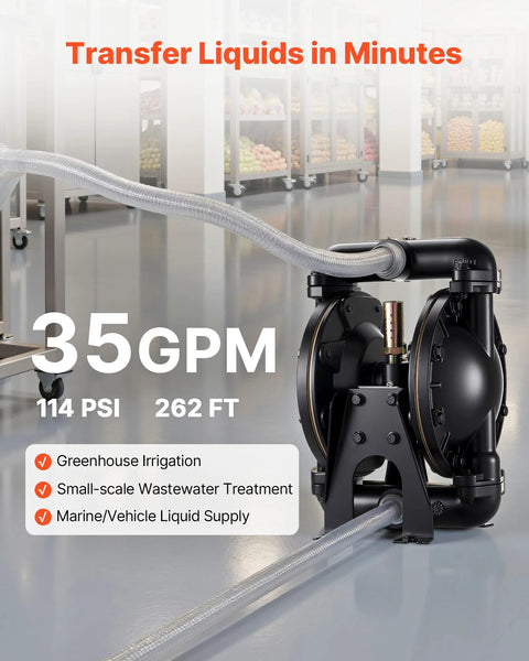 VEVOR air-operated double diaphragm pump, aluminum body, 35 GPM, 1 in inlet/outlet, 114 PSI, for diesel and oil transfer