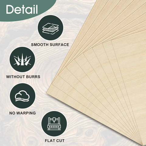 DIYers Favorite Basswood Sheets One Sixteenth Inch Thick 18 Pack Eight By Twelve Inch For Laser Cutting Wood Burning Drawing Architectural Models And DIY Crafts Unfinished Plywood Boards For Handy Projects, showing smooth surface, without burrs, no warping, flat cut features.