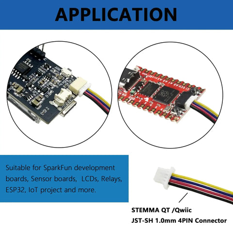 I2C Qwiic Cable Kit With Stemma QT Wires For SparkFun Development Boards and Sensor Breakouts, cables with 4-pin connectors shown.
