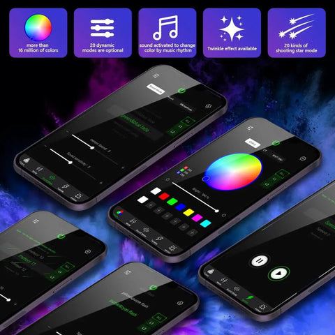 Sound activated app controls for Dual Color 32W Fiber Optic Starlight Headliner Kit With 2300 Fibers, RGBW lights, remote feature.