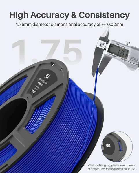 Close-up of blue filament on spool with digital caliper, showing 1.75mm diameter for 3D printing, emphasis on precision.