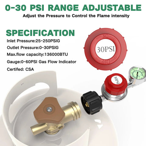 5ft propane regulator with gauge, adjustable 0-30 PSI, red cap, stainless hose and fittings
