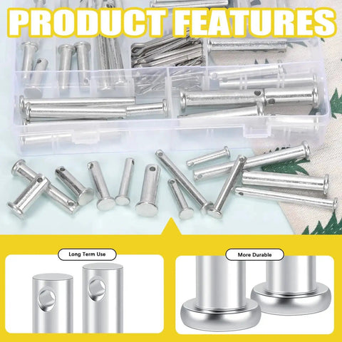 Clevis Pin Kit 51 Single Hole Flat Head Clevis Pins In 18 Sizes Plus 51 Random Size Split Cotter Pins Three Sixteenths Inch To One Half Inch Zinc Plated Carbon Steel Easy Storage In Plastic Organizer Box Great For Garage Use Total 102 Pieces in clear plastic case with pins displayed around.