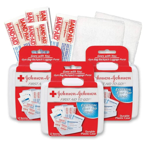 To Go Travel Size First Aid Kit Pack Of 3 For Car Office Purse Gym with durable plastic case, bandages, gauze pads, and wipes.