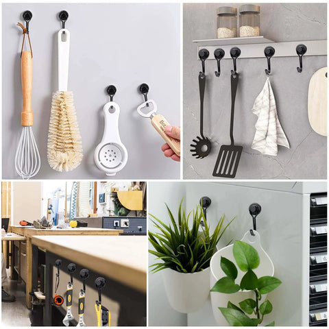 Kitchen and workshop wall hooks holding utensils, tools, and plants, showcasing organizational solutions for home and workspaces.