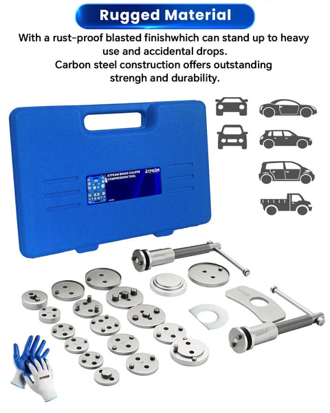 Beefy All In One Heavy Duty 24 Piece Brake Caliper Compression Tool Set With 18 Disc Adapters, gloves, and carrying case by ATPEAM