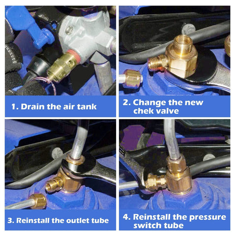 Air compressor replacement kit with brass 1/2 in MNPT check valve and three unloader fittings; 4 pieces on blue tank.