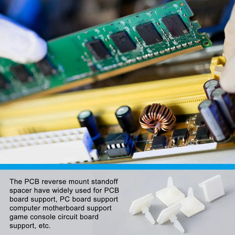 Hands installing a RAM module on a motherboard with 100 Pcs Sticky PCB Spacers Adhesive Insulated Standoffs shown in close-up