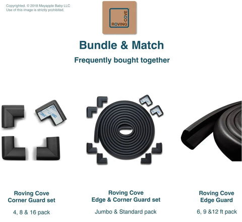 Roving Cove Bundle with corner and edge guards, 4 large corner protectors for baby safety, rubber foam bumper guards, pre-taped.