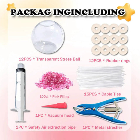Image of 12 Piece DIY Stress Ball Making Kit With Sealing Rubber Rings Cable Ties Balloon Expander Vacuum Tool And 100g Pink Filling Beads, showing each component.