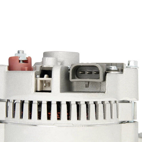 Close-up of alternator replacement for 1994 to 2005 Ford Ranger Explorer Escort Aerostar F150 F250 F350 1996 to 2005 Mazda B Series Mercury Tracer V6 V8 L4 plug and play OEM style high output auto electrical part