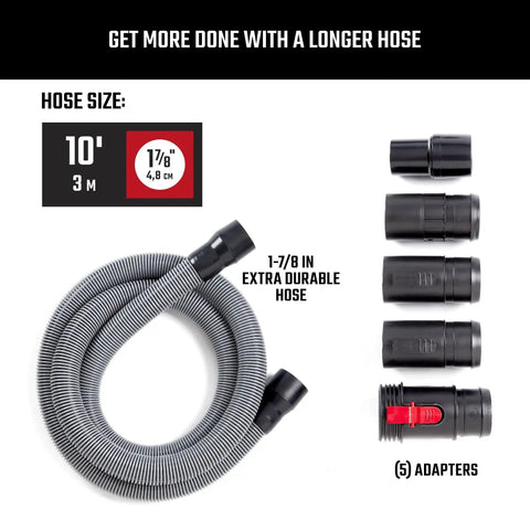 Pro Grade Wet Dry Vacuum Hose Attachment Kit 1.875 Inch Diameter Locking Hose with Adapters for Industrial Grade Cleaning