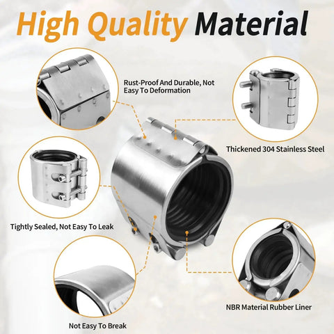 Three Quarter Inch Pipe Repair Clamp Kit high pressure leak sealer with stainless steel band and NBR rubber liner, side view.