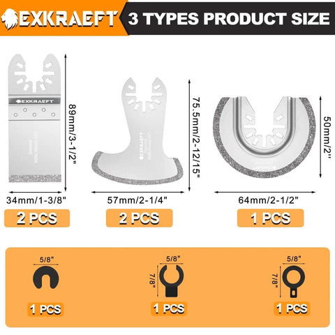 Diamond Oscillating Tool Blades 5 Piece Set for Grout Removal Tile Mortar Concrete Masonry Fits Milwaukee Ryobi Fein Rockwell Pro Grade Heavy Duty Diamond Grit for Ultra Durable Cutting and Fewer Blade Changes on Tough Jobs displayed with three blade types and sizes.