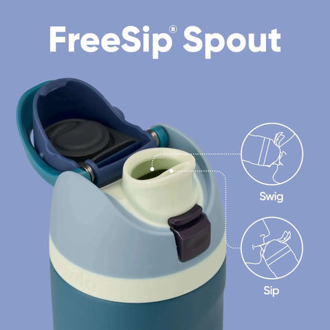 Close-up of FreeSip Insulated Stainless Steel Water Bottle With Straw And Locking Push Button Lid BPA Free Sports Bottle in denim color