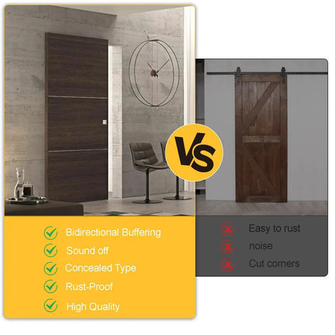 Comparison of 36 to 48 Inch Hidden Sliding Barn Door Hardware with floating wall mount next to conventional barn door setup.