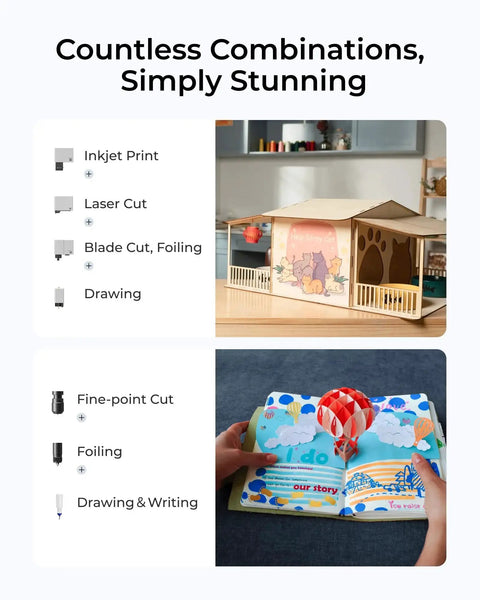 All In One Desktop Craft Machine With 4 In 1 Capabilities, 20W Laser Engraver, Vinyl Cutter, Inkjet Printer, And Pen Drawing, Plus Rotary Engraving On Tumblers, Premium Bundle for DIY makers and small shops demo art samples.