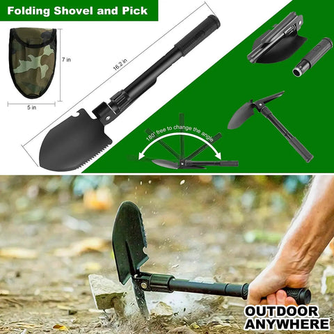 Folding shovel and pick with camo pouch, perfect for camping and hiking. Beast 142 In 1 First Aid Kit With Molle Pouch For Outdoor Adventures.