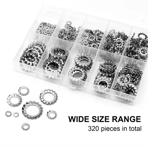 QTEATAK 320-piece stainless star lock washers set, 8 sizes (M2.5–M12), 304 stainless steel in plastic storage box.