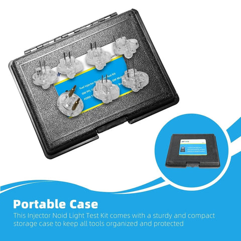 Fuel Injector Noid Light Test Kit For GM Ford Bosch PFI TBI IAC Troubleshooter in compact portable case with tools displayed.