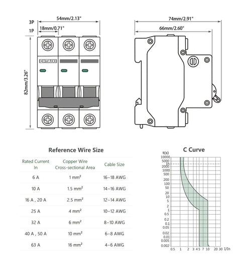 Dimensions and specifications of Three Pole DIN Rail Mount Circuit Breaker 20 Amp 480V AC Miniature Breaker With Thermal Magnetic Trip.