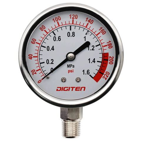DIGITEN water pressure gauge front view with chrome housing, white dial, 0–1.6 MPa (0–220 psi), 1/4" NPT connection.
