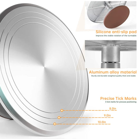 12 Inch Aluminum Cake Turntable Decorating Stand With Rotating Cake Stand Go To Kit For Cakes And Pastries Including Leveler Icing Comb Set 8 Pro Grade Decorating Tips Reusable Coupler And 10 Disposable Pastry Bags featuring silicone anti-slip pad and precise tick marks.