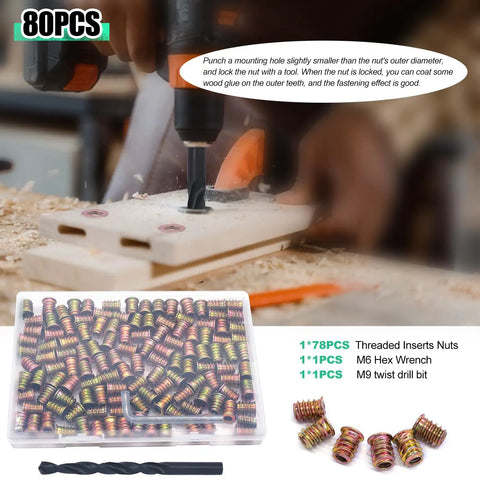 DIY Ready Wood Threaded Inserts Kit With M6 Wrench Eighty Pieces One Quarter Twenty Threaded Inserts For Furniture Repair And Woodworking Projects Screw In Nuts for strong joints visible in tray and drill application.