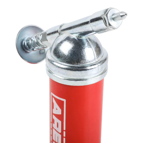 ARES 3-ounce push-type mini grease gun with needle nozzle, red body and chrome head