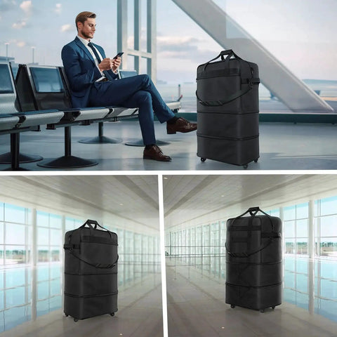 Expandable Rolling Luggage With Wheels For Travel 24 To 28 Inch Lightweight Suitcase in airport setting with traveler