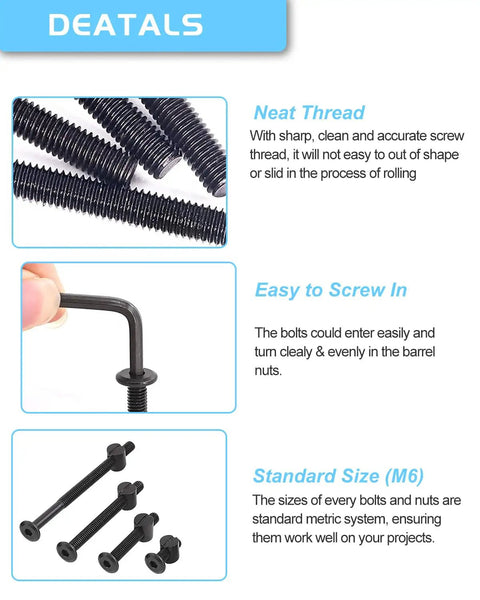 Durable Crib Screws Hardware Replacement Kit For Baby Beds And Furniture Includes M6 Hex Drive Socket Cap Screws In 16 40 60 80 Mm, M6 Barrel Nuts 12 Mm, Wooden Dowel Pins, Zinc Plated Carbon Steel Fasteners For Beds Headboards Chairs Built To Last No.