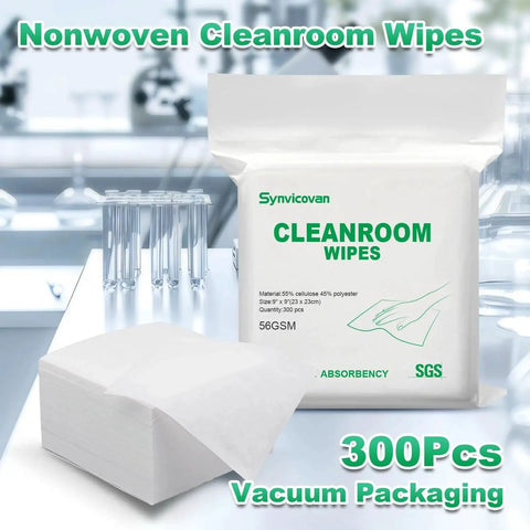 Package of 9x9 Cleanroom Wipes 300 PCS Grade B 56 GSM Nonwoven Lint Free Lab Electronics with lab glassware background