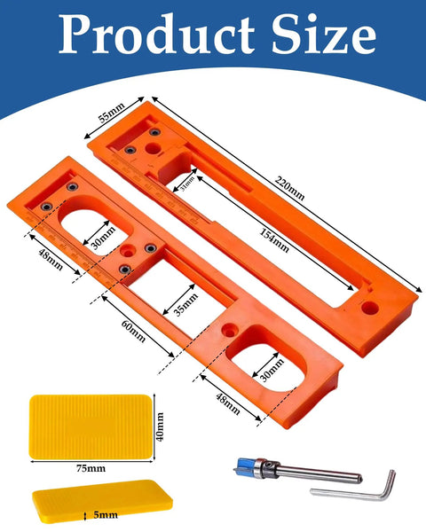 Product size of 5.5-Inch Hidden Hinge Mortiser Template for Door Installation with dimensions, template parts, router accessory.