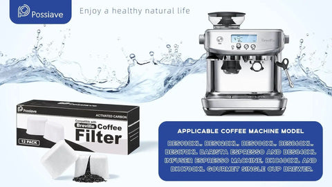Front view of a stainless Breville espresso machine with a black box of activated carbon coffee filters on the left