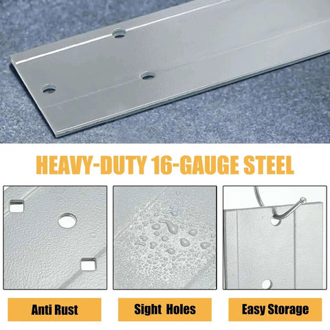 Close-up of a heavy-duty 16-gauge steel sheet showing rust resistance and sight holes for the 12 Inch Sheet Metal Folding Tool With Dual Depth Gauges One Inch And Three Eighths Inch Depth For HVAC Roofing Projects Rust Resistant Coating Heavy Duty And Easy To Use.