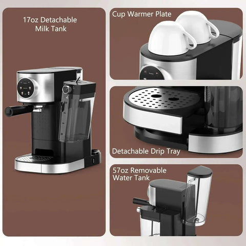 Barista-Grade 3-In-1 20 Bar Espresso Machine for Home Use with dual boiler, automatic milk frother, and 57oz water tank
